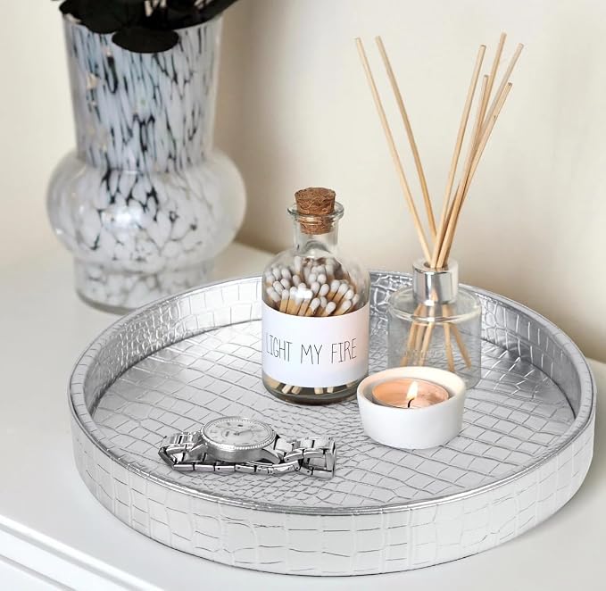 HofferRuffer Faux Leather Round Serving Tray, Vegan Croco Leather Decorative - Image 4