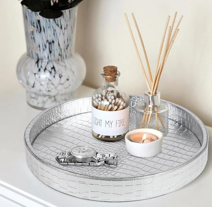 HofferRuffer Faux Leather Round Serving Tray, Vegan Croco Leather Decorative - Image 4