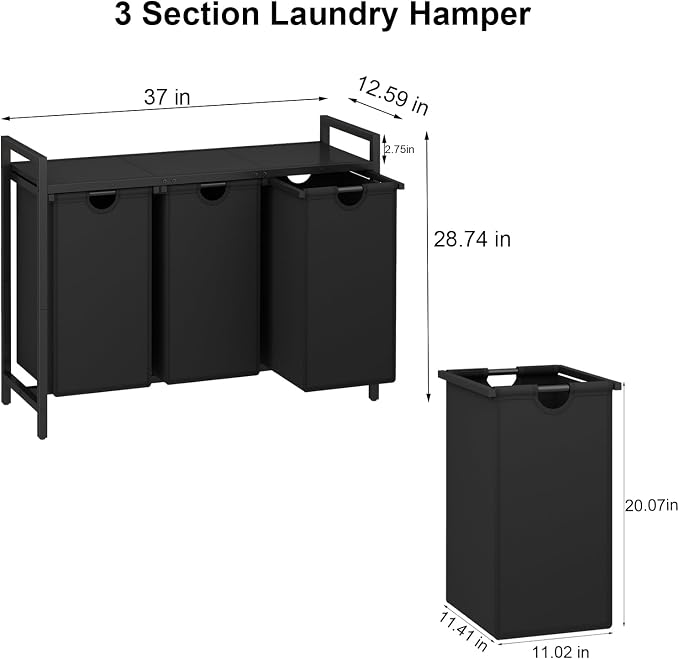 Laundry Hamper, Two -Color 3 Section Laundry Basket - Image 3