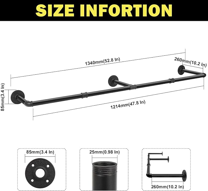 Industrial Pipe Clothes Rack, 50 In Heavy Duty Wall Mounted Garment Rack - Image 2