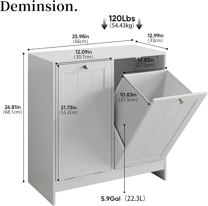 Tilt-Out Double Laundry Hamper Cabinet, 26.8" H x 26" W x 12" D, 5.9 Gal - Image 3