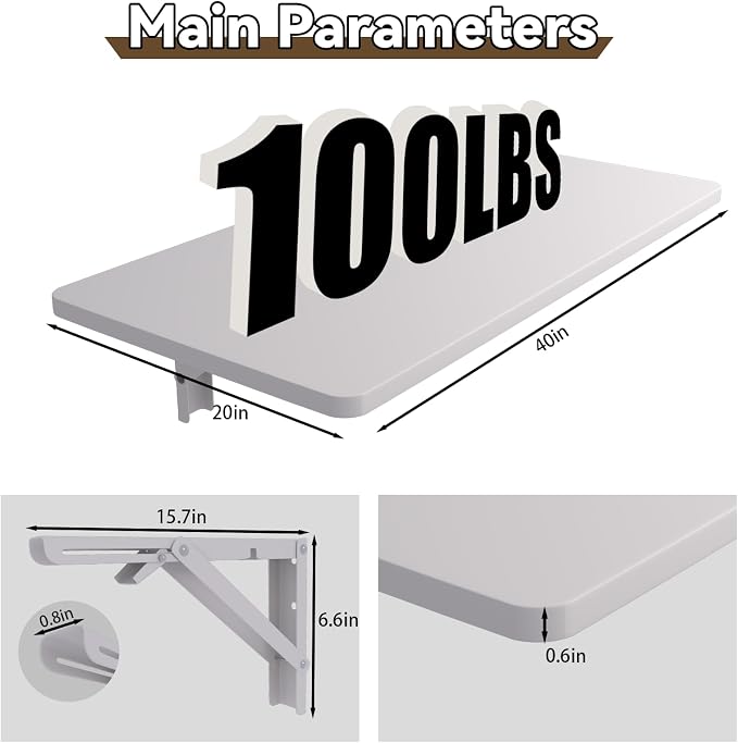 MM MELISEN White Wall Mounted Desk 40x20 Inch, Fold Down Folding Table - Image 3