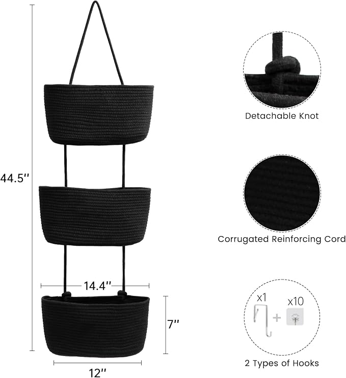 TeoKJ Over the Door Hanging Basket, 3-Tier Woven Cotton Wall-Mounted Storage - Image 5