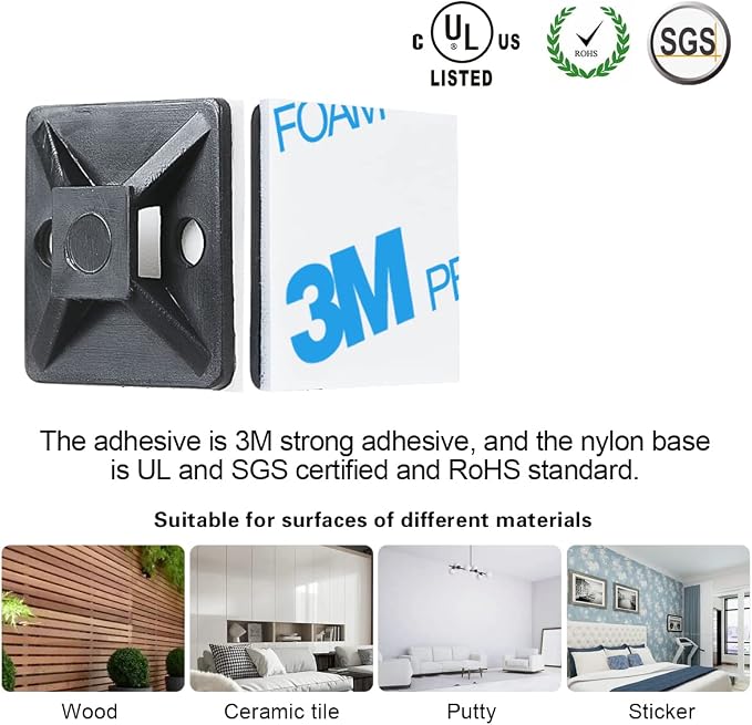 XHF 3/4" Strong Back-Glue Self Adhesive Black Cable Zip Tie Mounts 100pcs - Image 2