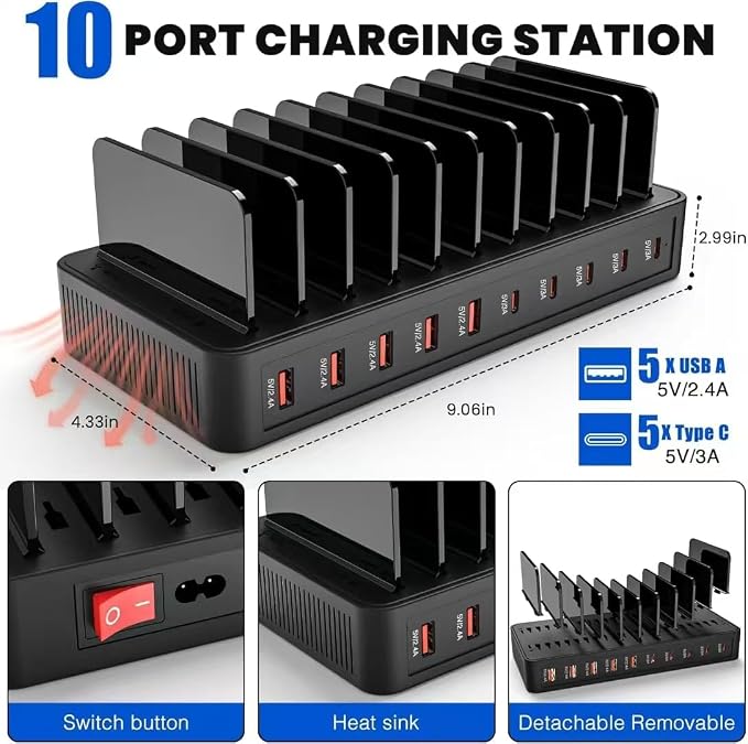 100W 10-Port Smart Charging Station | 5 USB-A & 5 USB-C Ports | Organized Design - Image 2