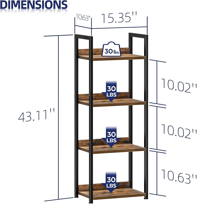 NUMENN Narrow Bookshelf, 4 Tier Freestanding Shelving Unit, Vintage | Small - Image 3