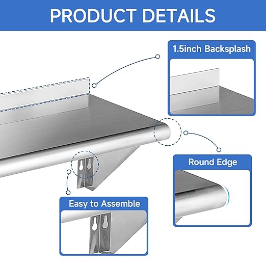 ROCKPOINT Stainless Steel Shelf 10 x 30 Inches 225lb, NSF Metal Commercial - Image 3