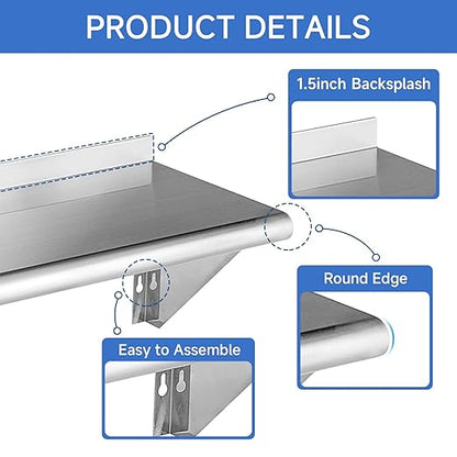 ROCKPOINT Stainless Steel Shelf 10 x 30 Inches 225lb, NSF Metal Commercial - Image 3