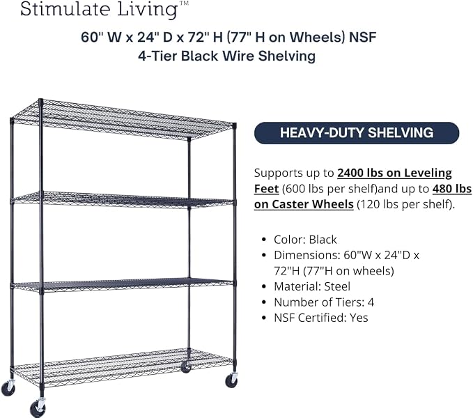 60"x24"x72" PRIME HEAVY DUTY Black 4-Tier Wire Shelving NSF 2400 LBS MAX - Image 4
