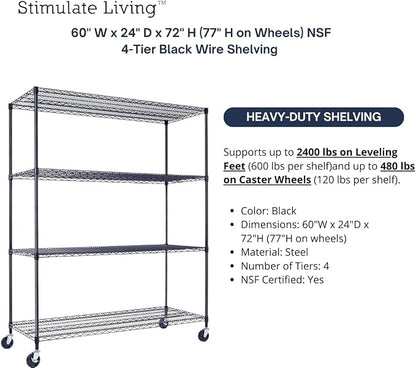 60"x24"x72" PRIME HEAVY DUTY Black 4-Tier Wire Shelving NSF 2400 LBS MAX - Image 4