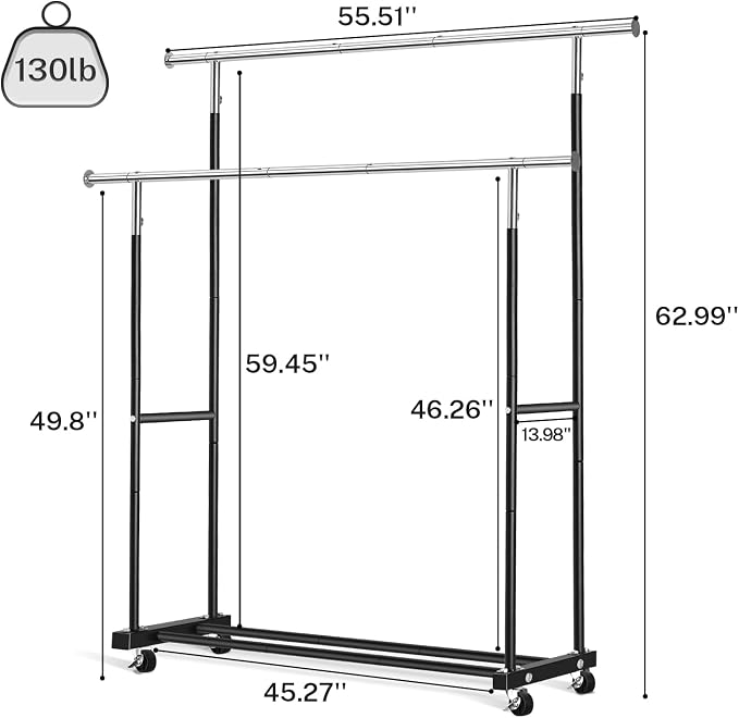 VICERII Double Clothing Rack, 130LB Capacity Heavy Duty Garment Rack - Image 5