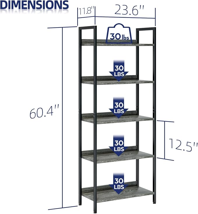 NUMENN Bookshelf, 5 Tier Freestanding Shelving Unit, Dark Grey | Metal Frame & - Image 3