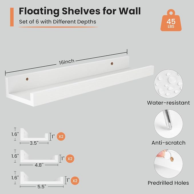 Fun Memories Picture Ledge Shelf, 16 Inch Long Floating Shelves Set of 6 - Image 3