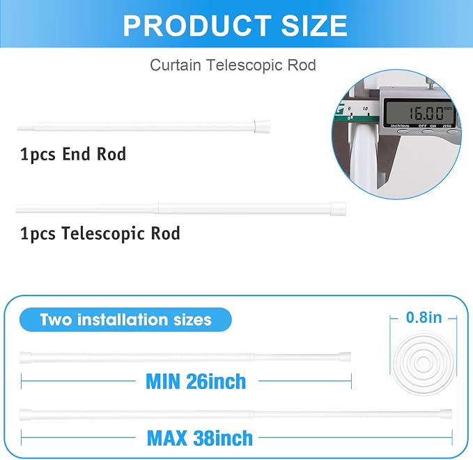 1 Pack Spring Loaded Tension Rod 27-38" Adjustable Curtain Rods No Drill - Image 2