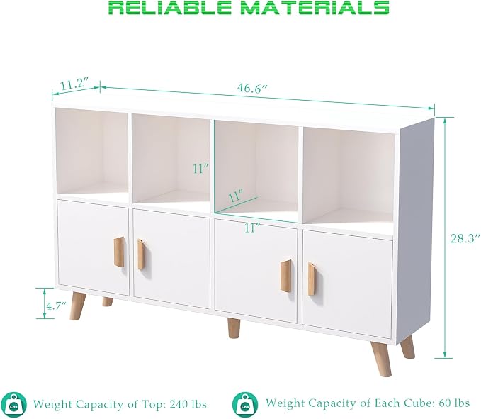 8-Cube Bookcase with Doors, 2-Tier Low Storage Cabient, Warm White | Solid Wood - Image 2