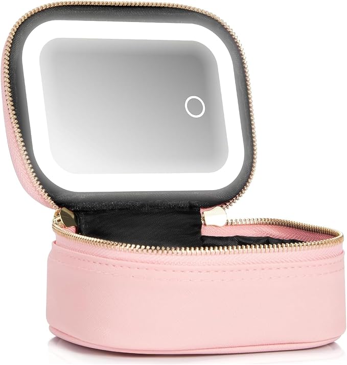 Small Makeup Bag with Led Mirror, Mini Travel Make up Bag 3 Light Modes by Extrei+Gent