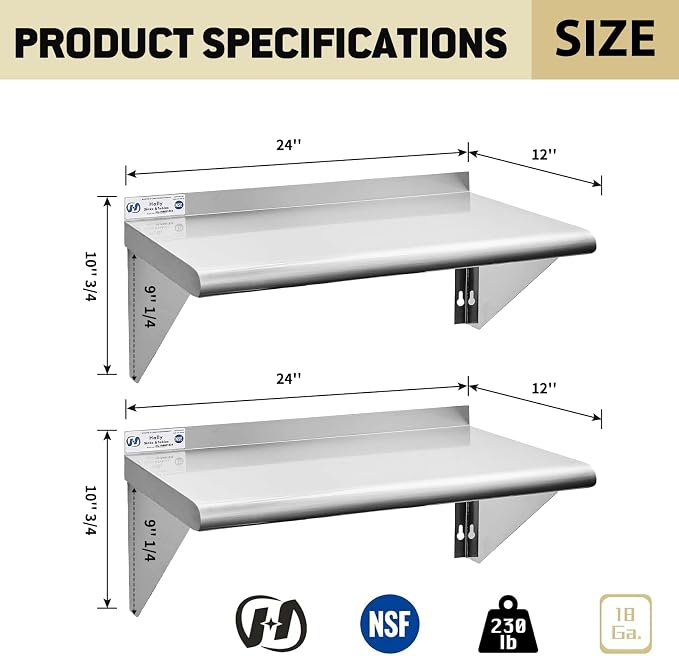 Hally Stainless Steel Shelf Wall Mounted Metal Shelf Wall Shelf 12 x 24 NSF - Image 3