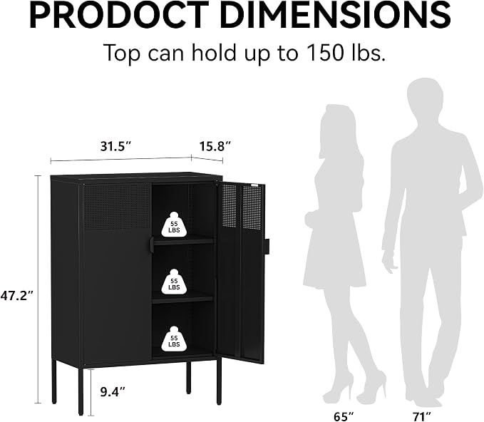COFaR Black Metal Cabinet with Adjustable Shelves, 47”H Industrial Buffet - Image 2