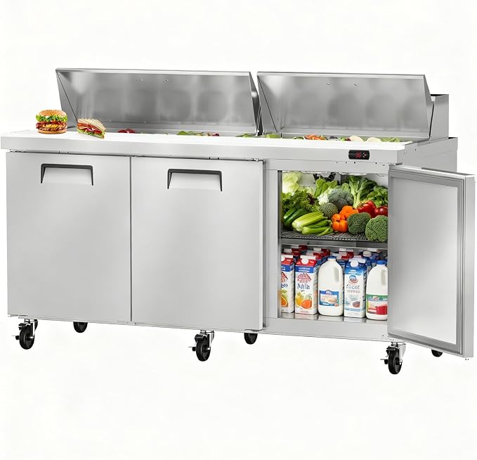 72" W Commercial Refrigerator Sandwich Salad Prep Table, Stainless Steel 3-Door by Bluelinecool
