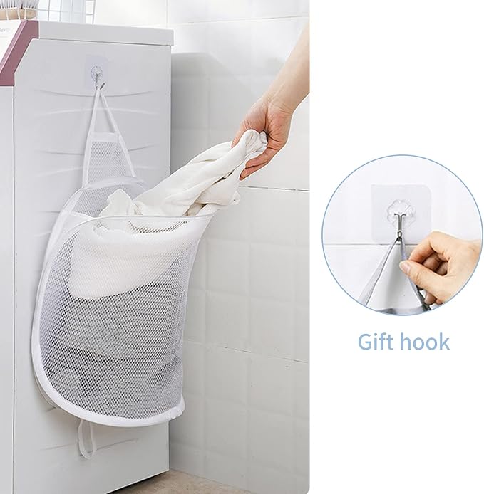 Pop-up Hanging Laundry Hamper Small Mesh Laundry Basket 2 Pack Foldable Hamper - Image 3