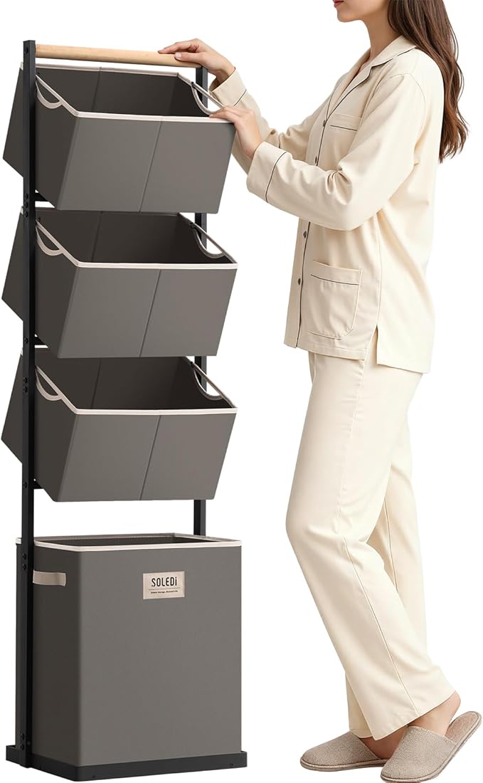 SOLEDI 4 Section Laundry Hamper Sorter, Stackable Laundry Basket Organizer by SOLEDI