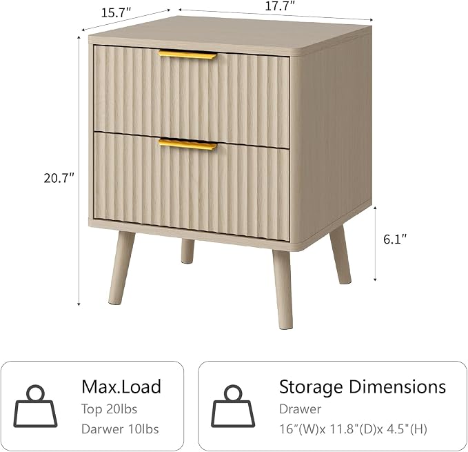 CARPETNAL Fluted Nightstand, Wood End Table Mid Century Night Stands - Image 2