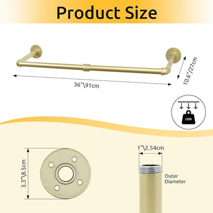 36 inch Gold Industrial Pipe Clothes Rack, Pipe Garment Rack Hanging Rod Bar - Image 2