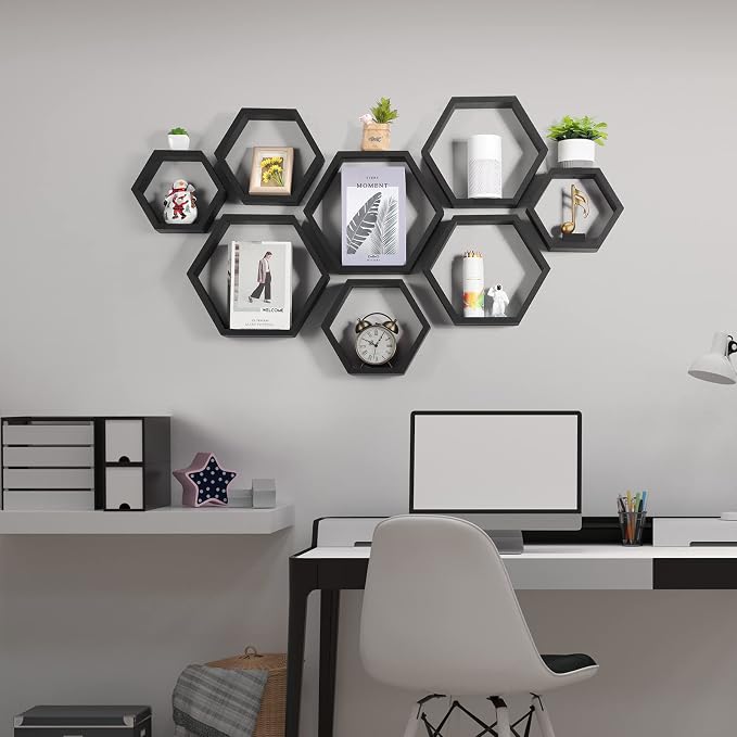 CADUKE Hexagon Floating Shelves Set of 8, Hanging Shelf Storage Racks, Living - Image 6