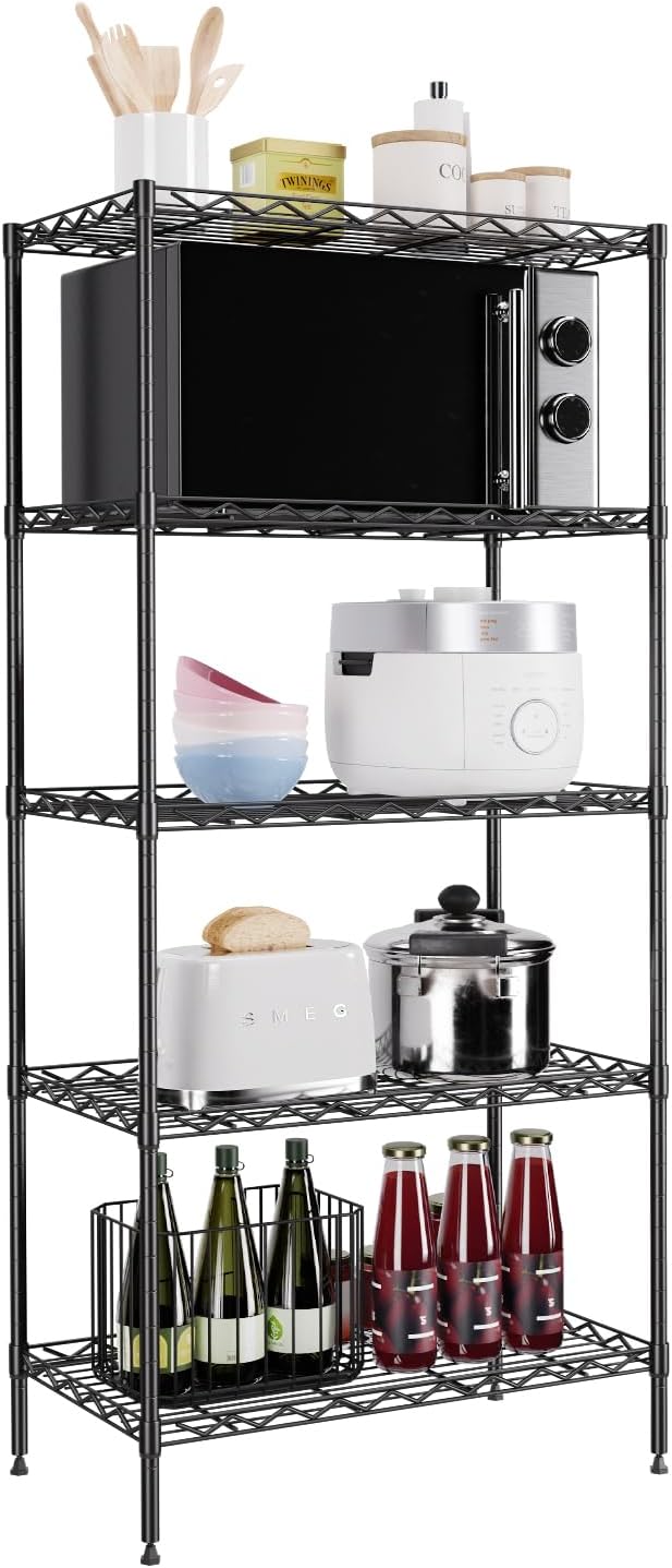 PayLessHere | 5-Tier Wire Shelf | 21"x11"x48" | Black | Adjustable Racks | by BestOffice