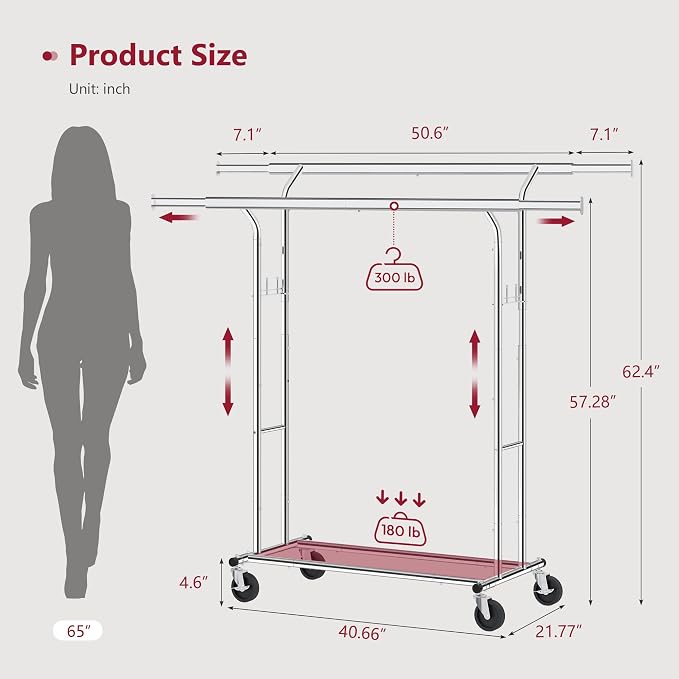 Tajsoon Double Rod Clothes Rack 480 LBS, Heavy Duty Clothing Rack - Image 7