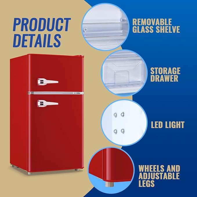 3.5 Cu.ft Refrigerator with Freezer Double Door Red Fridge Adjustable Glass - Image 4