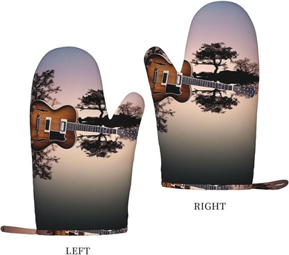 Reflection Guitar Print Oven Mitts Set of 2, Heat Resistant Silicone Oven - Image 2