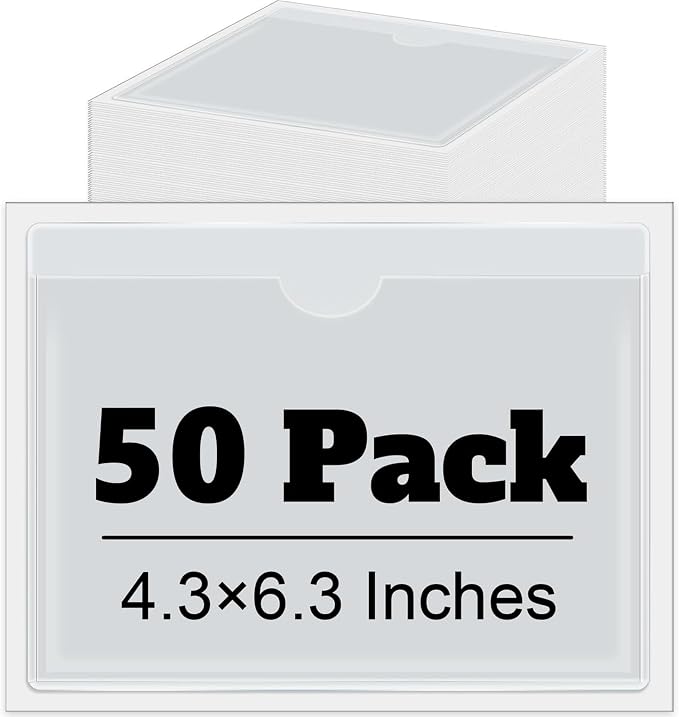 Chinco 50 Pack 4" x 6" Clear Adhesive Pockets, Index Card Pockets by Chinco