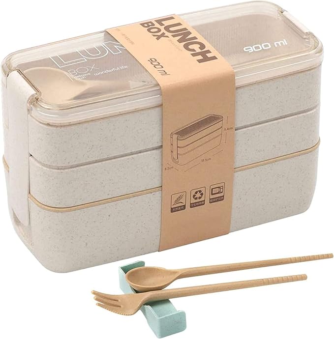 Rarapop Beige Stackable Bento Lunch Box Kit, 3-In-1 Compartment Wheat Straw by Rarapop