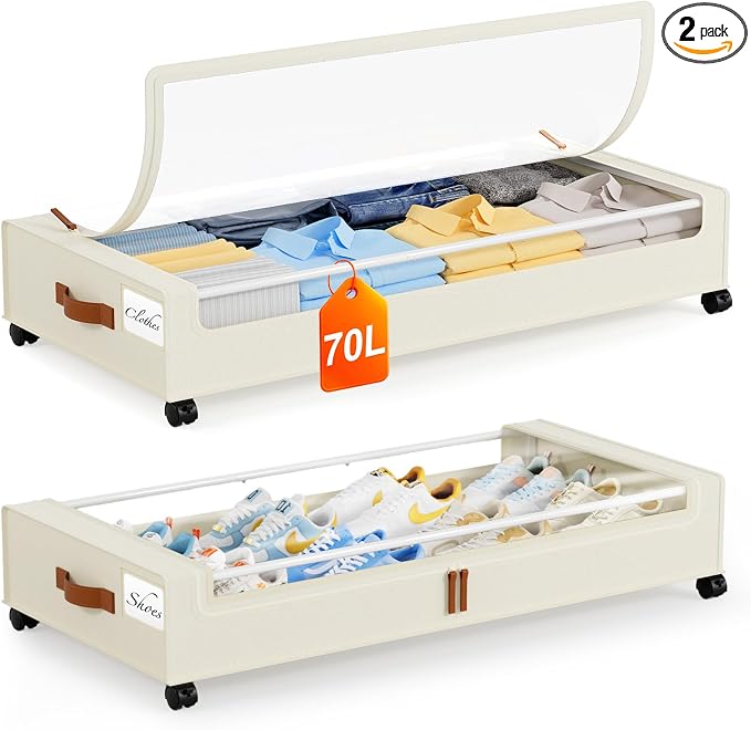 Yecaye Under Bed Storage with Wheels 2 Pack, 70L Larger Capacity Under Bed by Yecaye