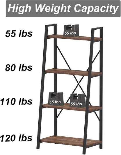 BON AUGURE Industrial Ladder Shelf Bookcase, 4 Tier Rustic Ladder Bookshelf - Image 4