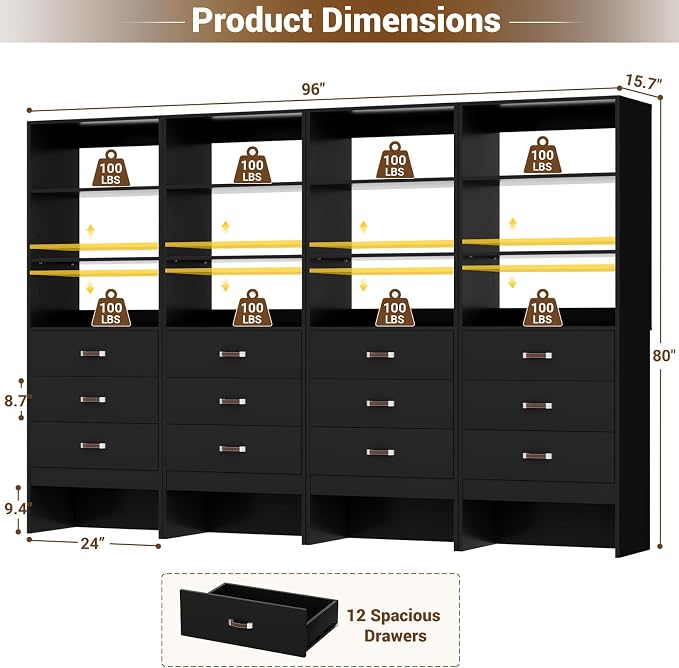 8FT Closet System with Leather Handles, Wood Wardrobe Closet Organizer and - Image 2