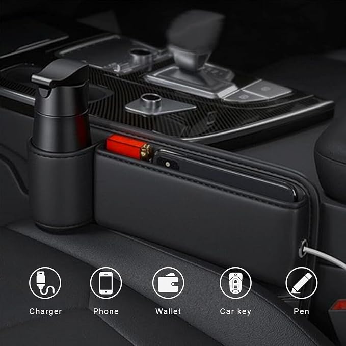2-Pack Car Leather Cup Holder Gap Bag, Adjustable Car Seat Gap Storage Box - Image 2