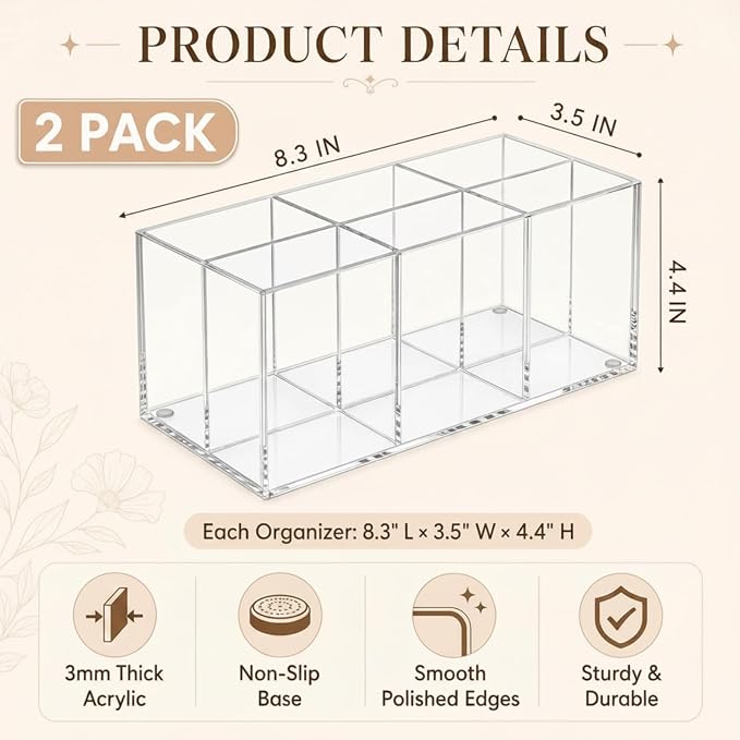 Zhehao 2 Pack Clear Acrylic Desk Organizer, 6-Slot Makeup Brush Holder and Pen - Image 2