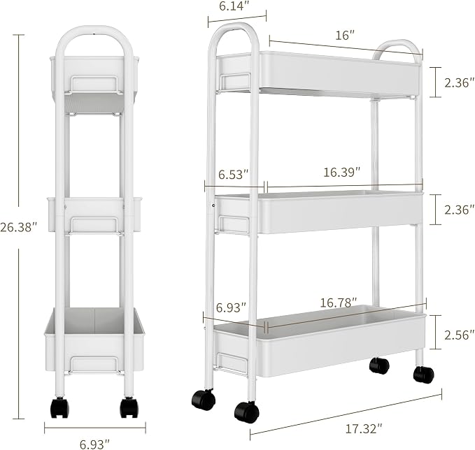 Slim Rolling Cart, Metal Frame Utility Rolling 3-Tier Narrow Storage Cart | - Image 2