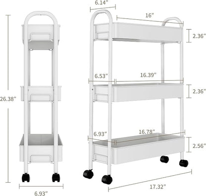 Slim Rolling Cart, Metal Frame Utility Rolling 3-Tier Narrow Storage Cart | - Image 2