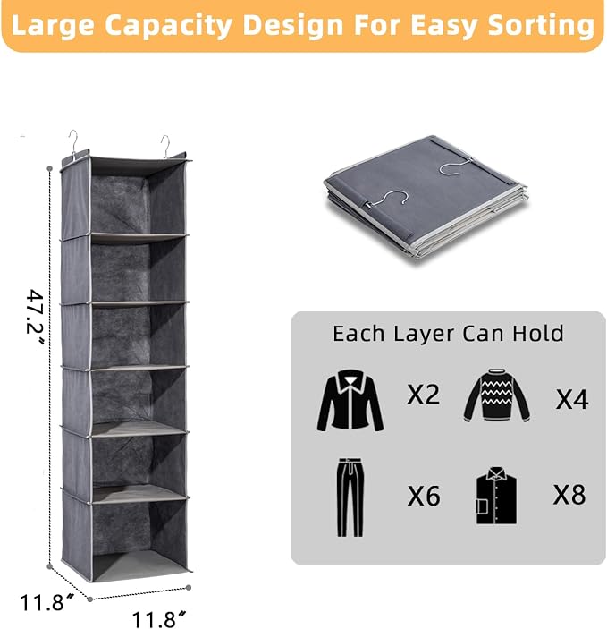 2 Packs Hanging Closet Organizer, 6-Shelf Closet Organizers and Storage - Image 2