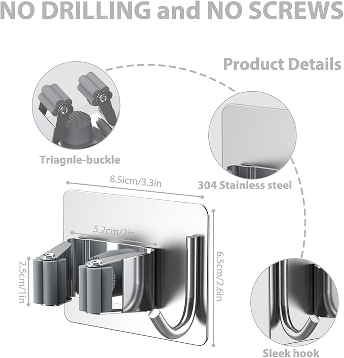homeasy Mop Broom Holder No Drill, Mop Broom Organizer Wall Mounted Heavy Duty - Image 4