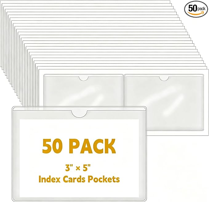 50 PCS 3" x 5" Clear Self-Adhesive Business Card Pockets and Top Open Library by WYOMER