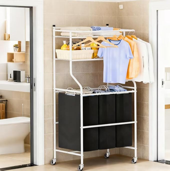 Laundry Sorter with Hanging Clothes Rack, Rolling Laundry Cart with Wheels & by MWQ