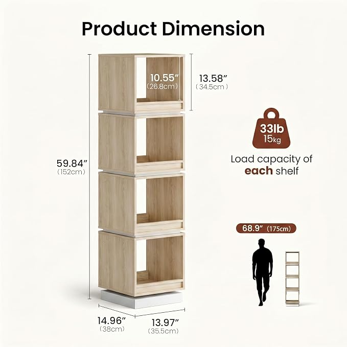 ModernMate 4-Tier Rotating Bookshelf Tower, 360° Spinning Wood Narrow Tall Book - Image 2