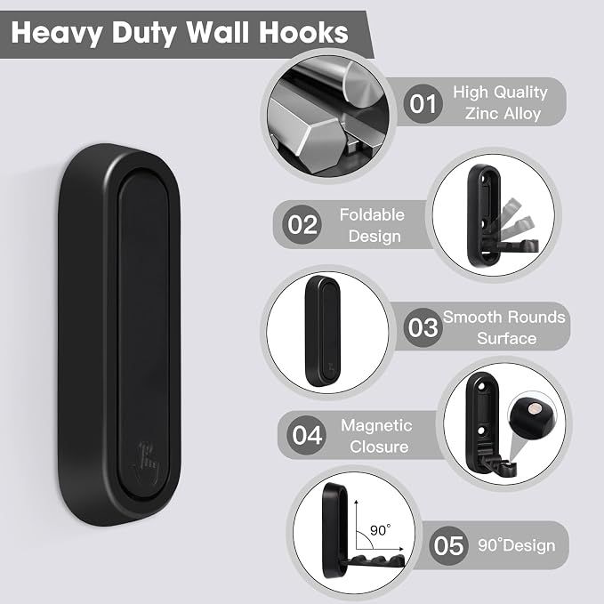 Folding Wall Hooks, 6 Pack, Zinc Alloy, Heavy Duty Coat Hooks | 90° Foldable - Image 2