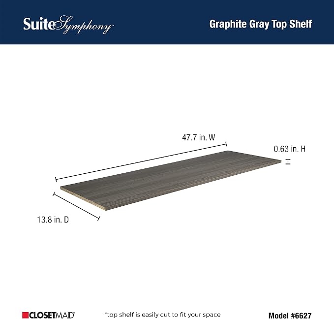 ClosetMaid SuiteSymphony Wood Top Closet Shelf, 48-Inch Wide, Graphite Grey - Image 3