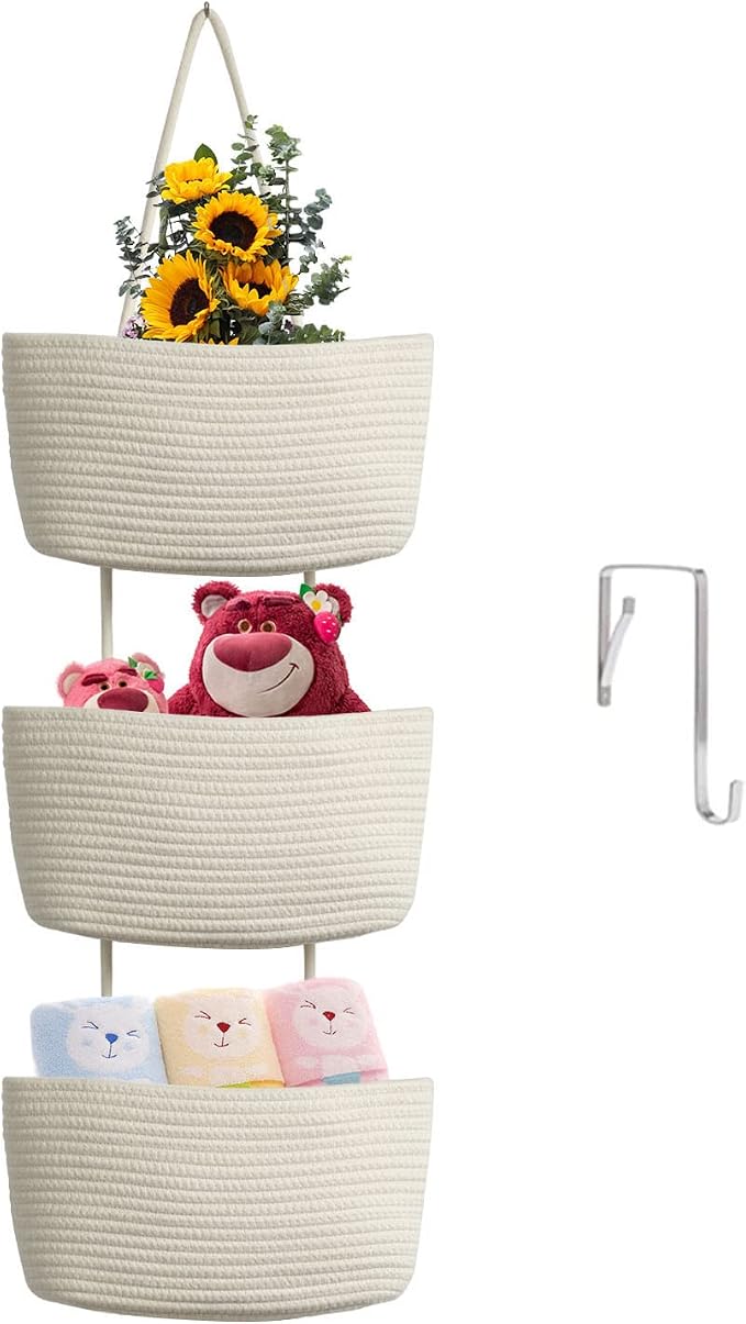 TeoKJ Over the Door Hanging Basket, 3-Tier Woven Cotton Wall-Mounted Storage by TeoKJ