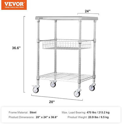 VEVOR Kitchen Utility Cart, 36.6"x20"x24" 3 Tiers Wire Rolling Cart, 470LBS - Image 7